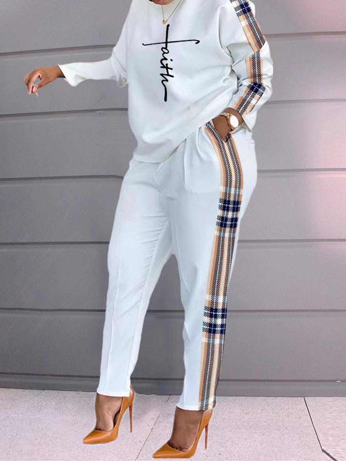 Casual Color Block Crew Neck Two-Piece Set