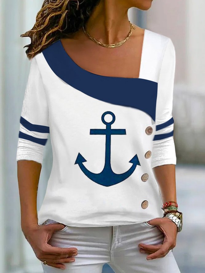 Casual Navy Anchor Long Sleeve Knit T-Shirt