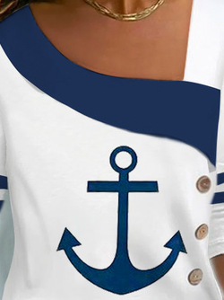 Casual Navy Anchor Long Sleeve Knit T-Shirt