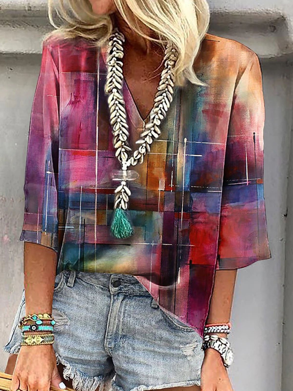 Casual Abstract  Regular Fit V Neck T-Shirt