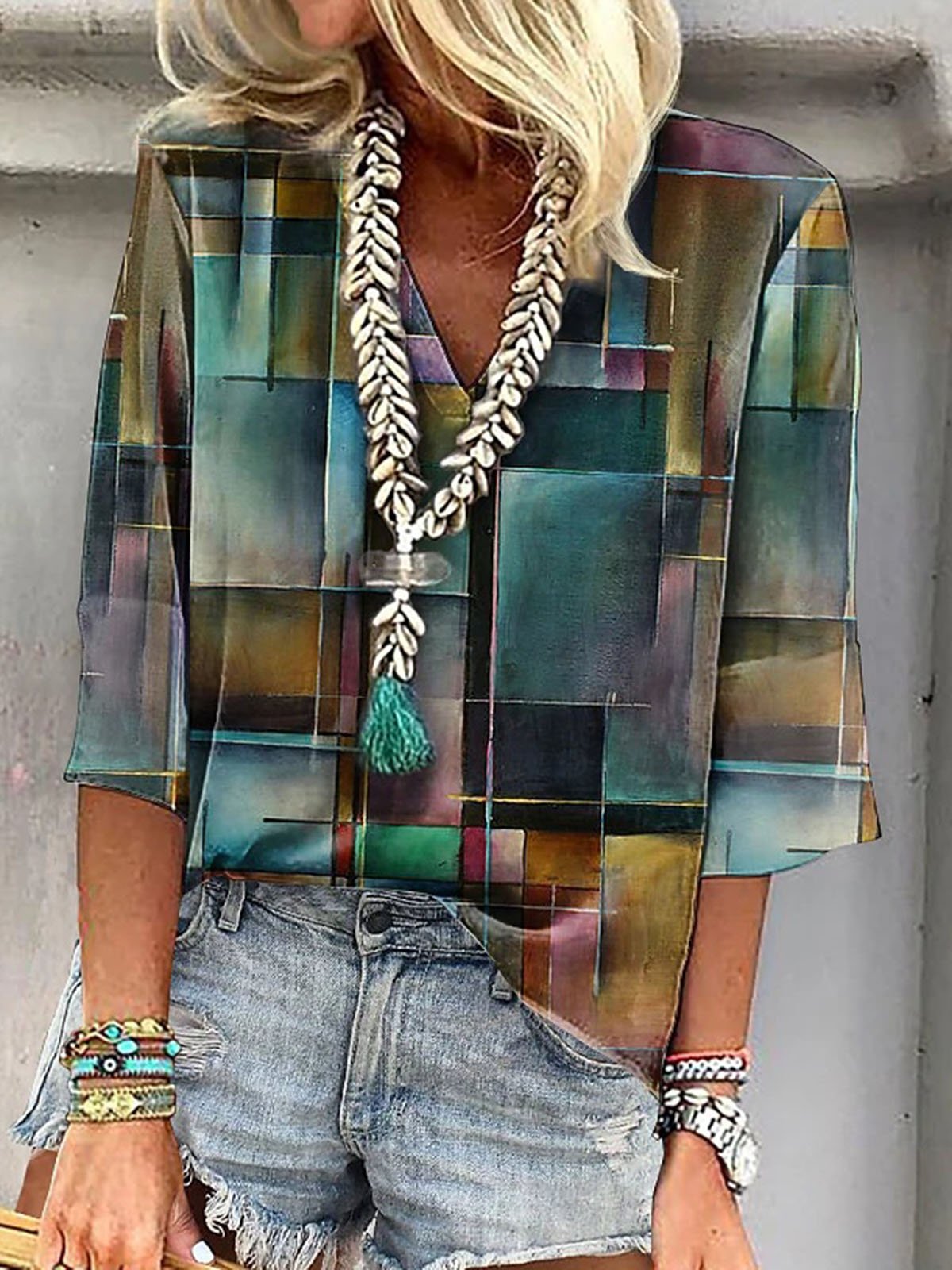 Casual Abstract  Regular Fit V Neck T-Shirt