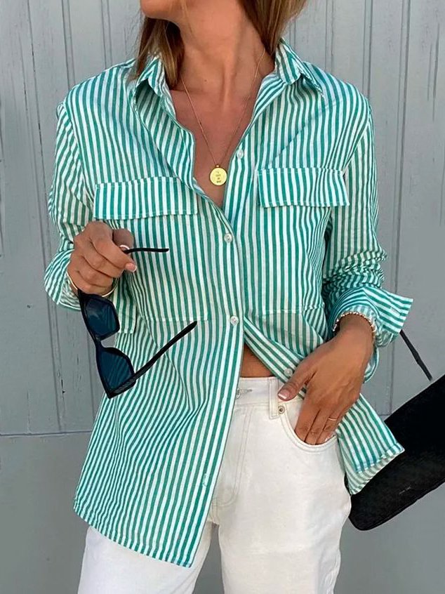 Shirt Collar Striped Loose Casual Blouse