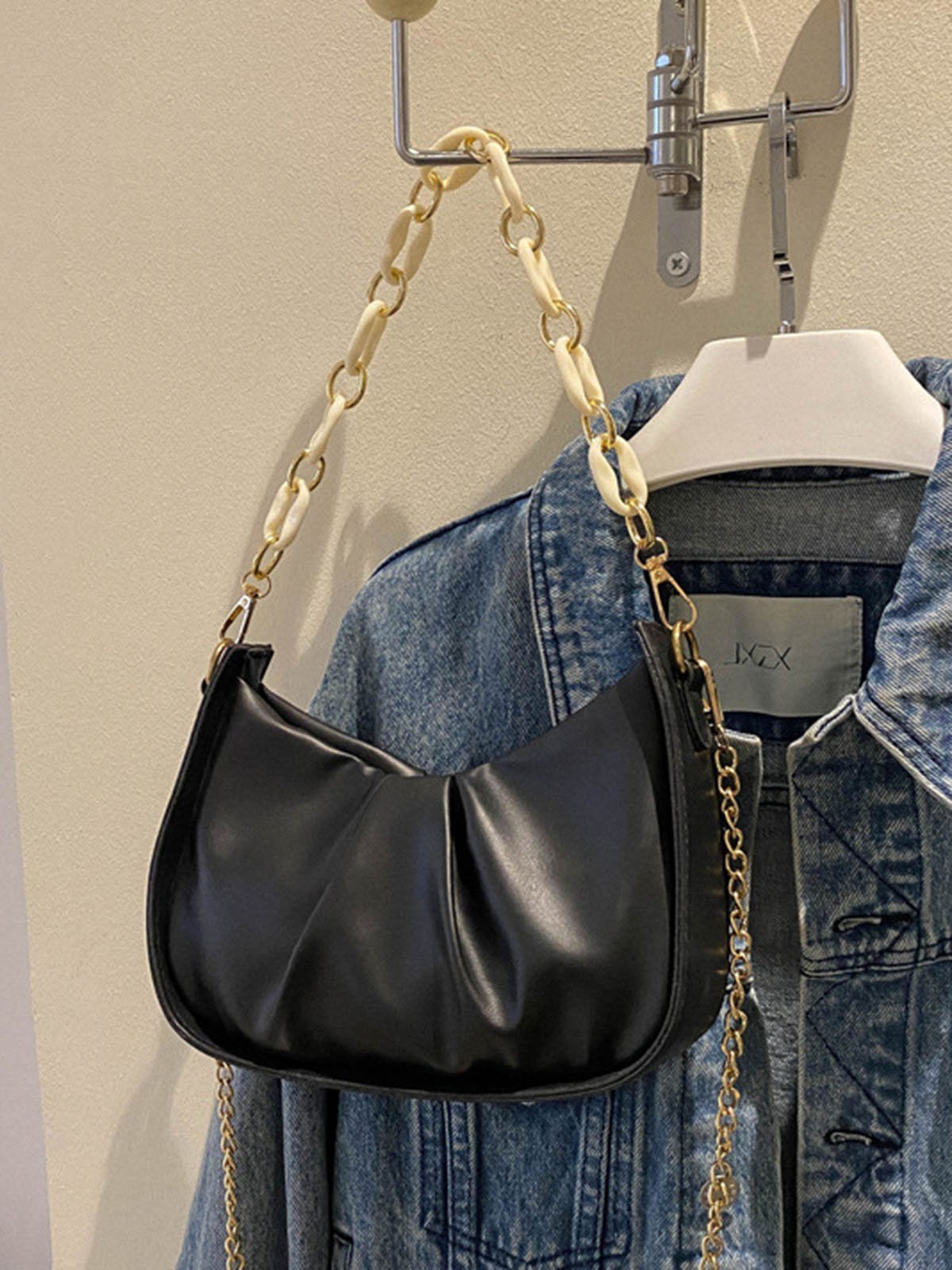 Leather Ruffles Pearl Chain Cloud Bag