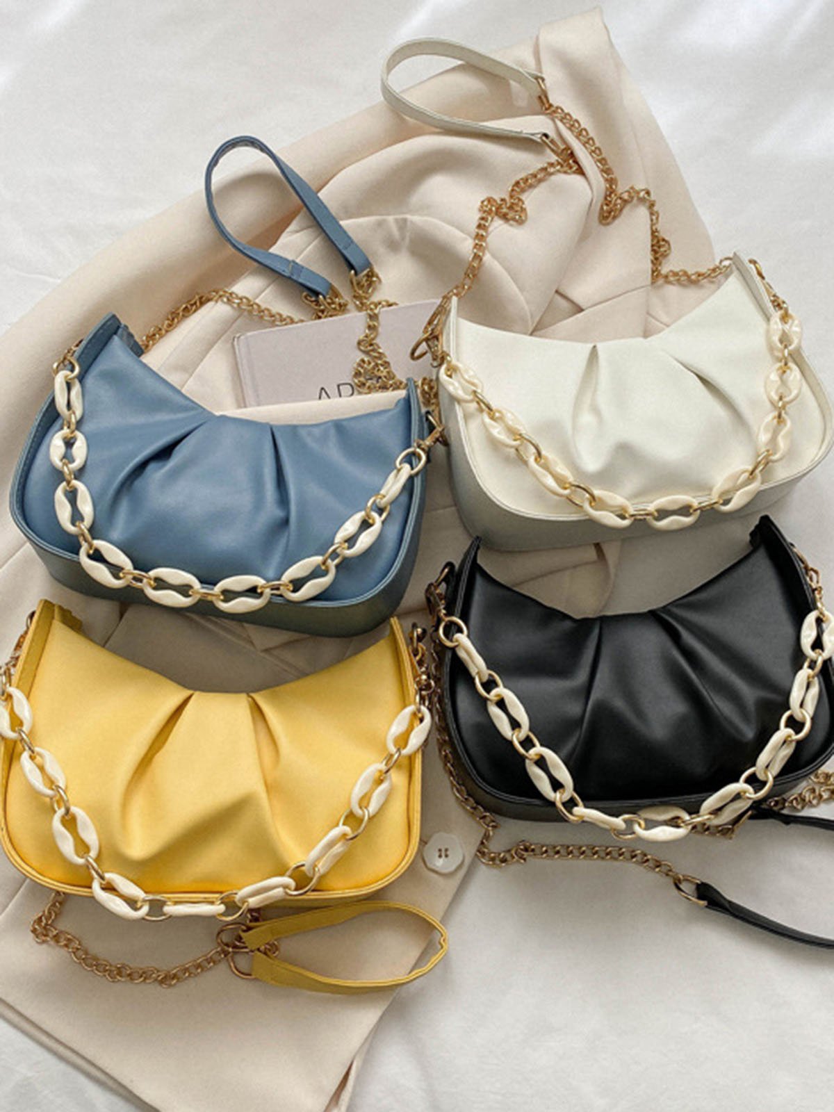 Leather Ruffles Pearl Chain Cloud Bag