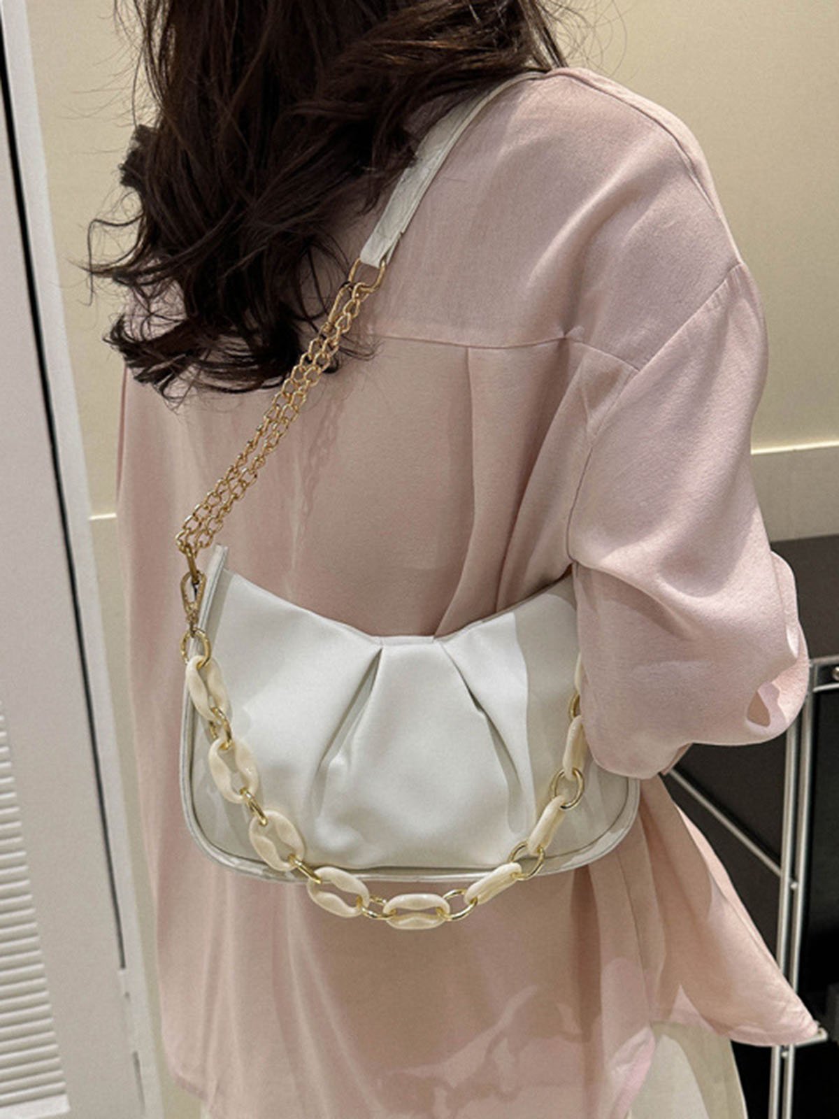 Leather Ruffles Pearl Chain Cloud Bag
