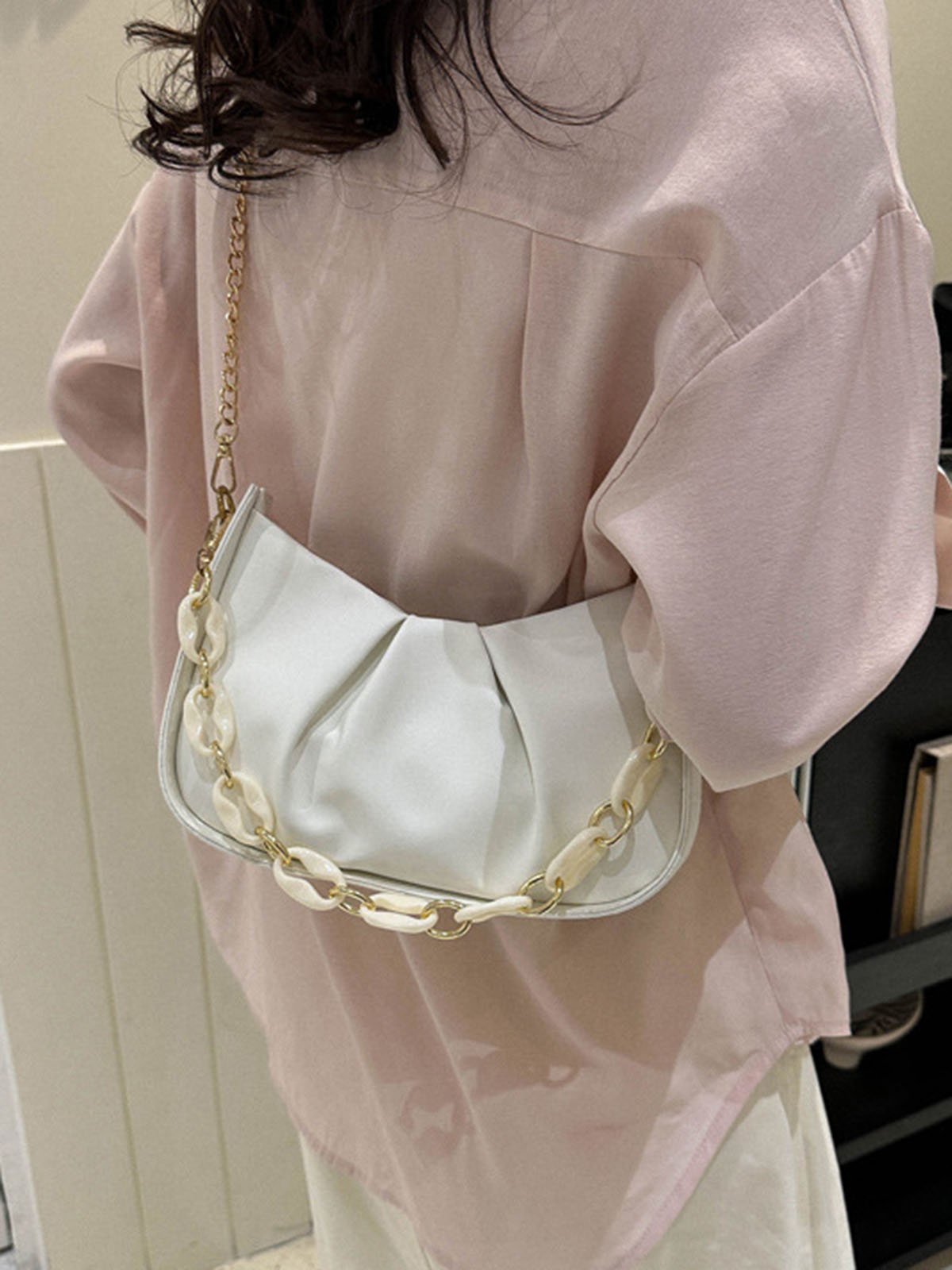 Leather Ruffles Pearl Chain Cloud Bag