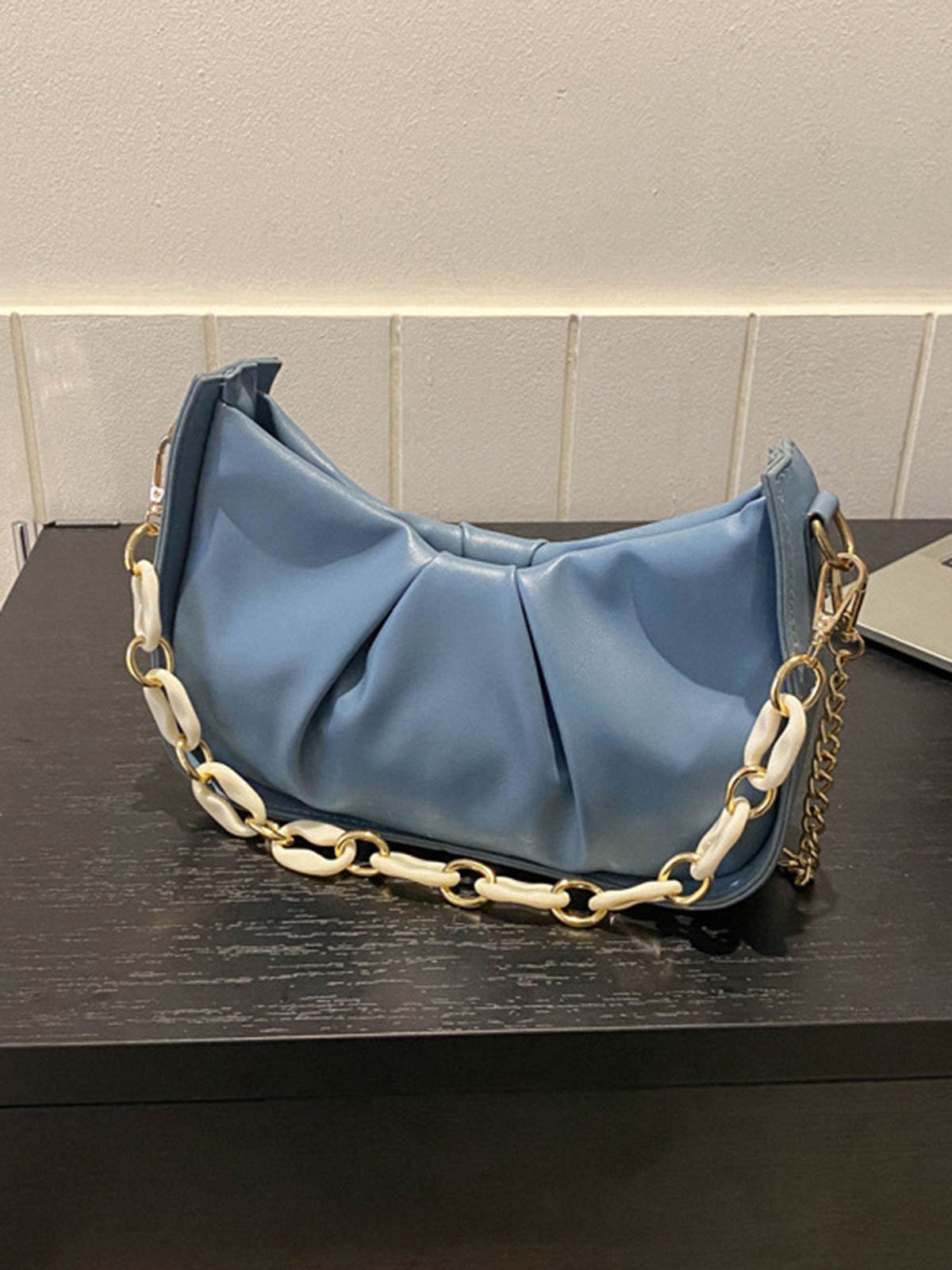 Leather Ruffles Pearl Chain Cloud Bag