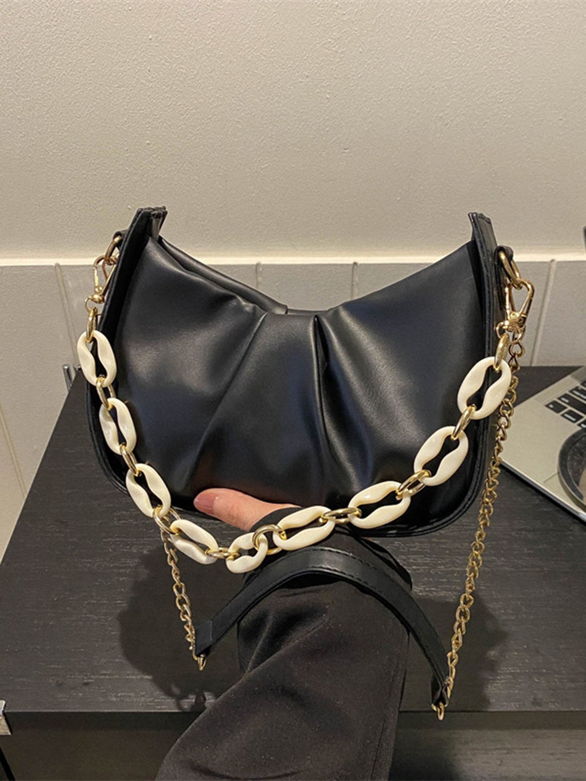 Leather Ruffles Pearl Chain Cloud Bag
