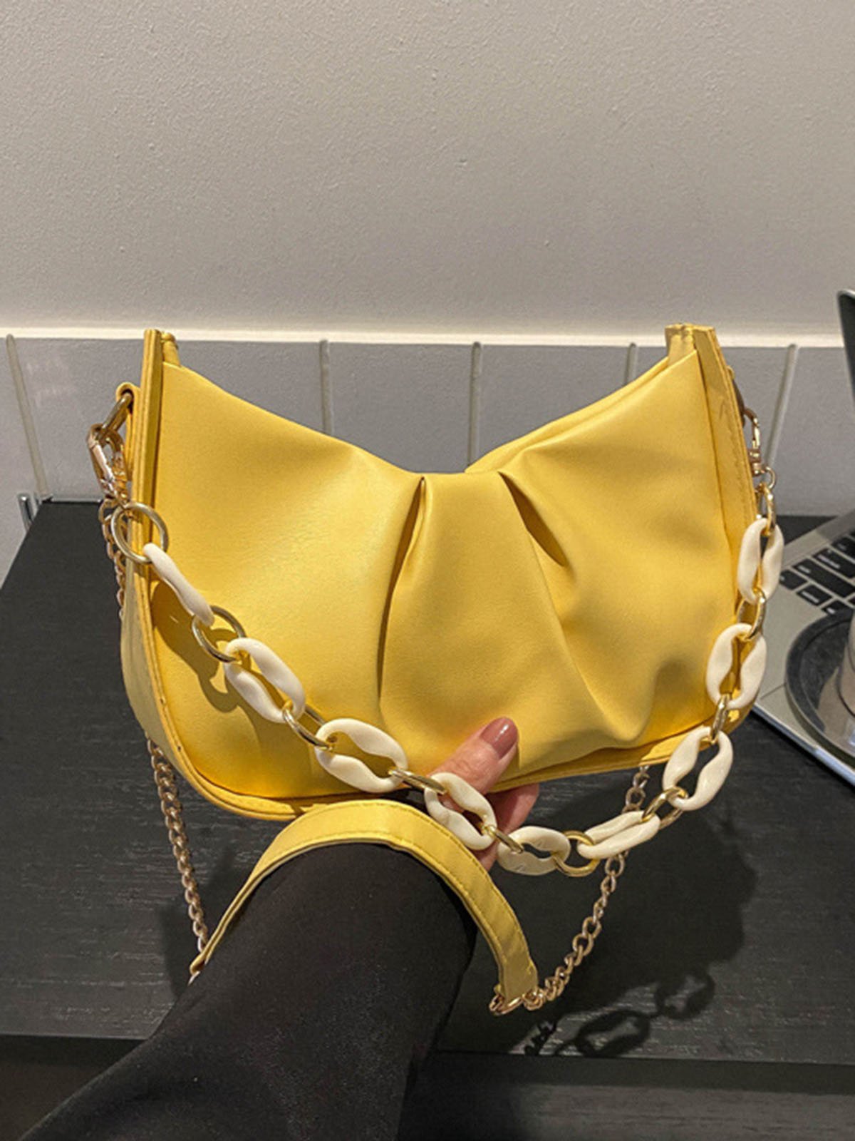 Leather Ruffles Pearl Chain Cloud Bag