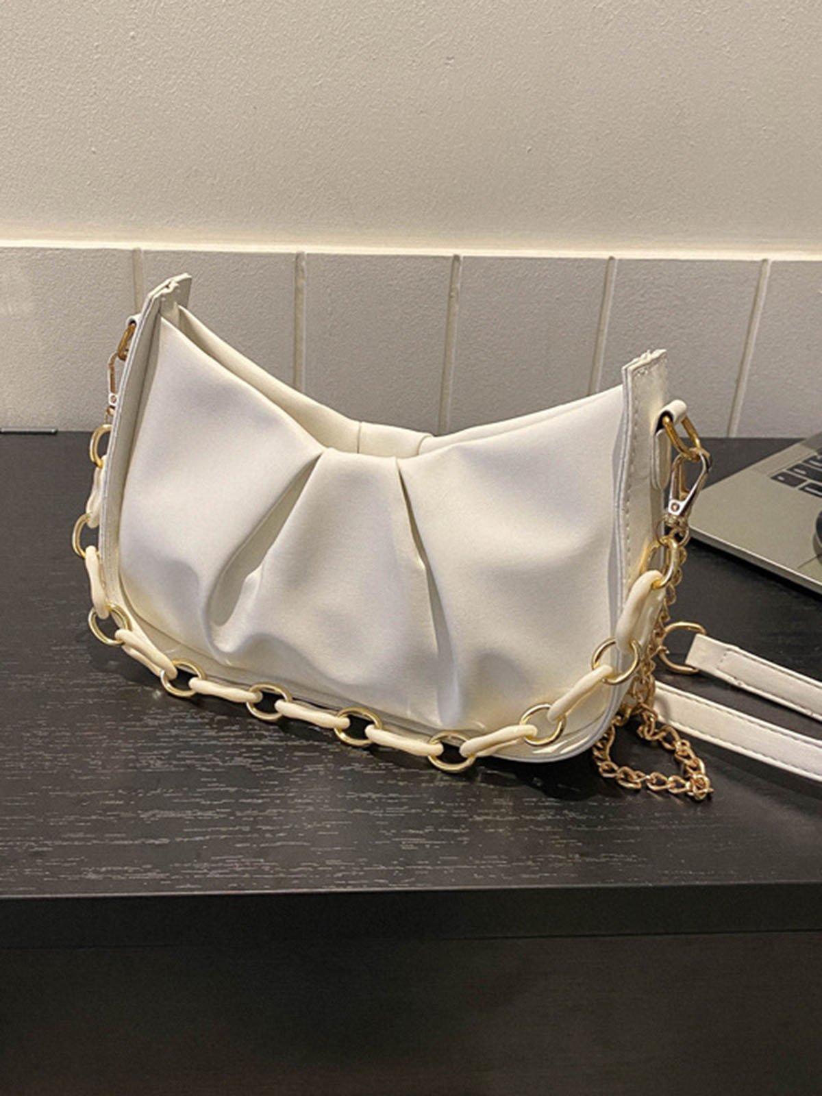Leather Ruffles Pearl Chain Cloud Bag