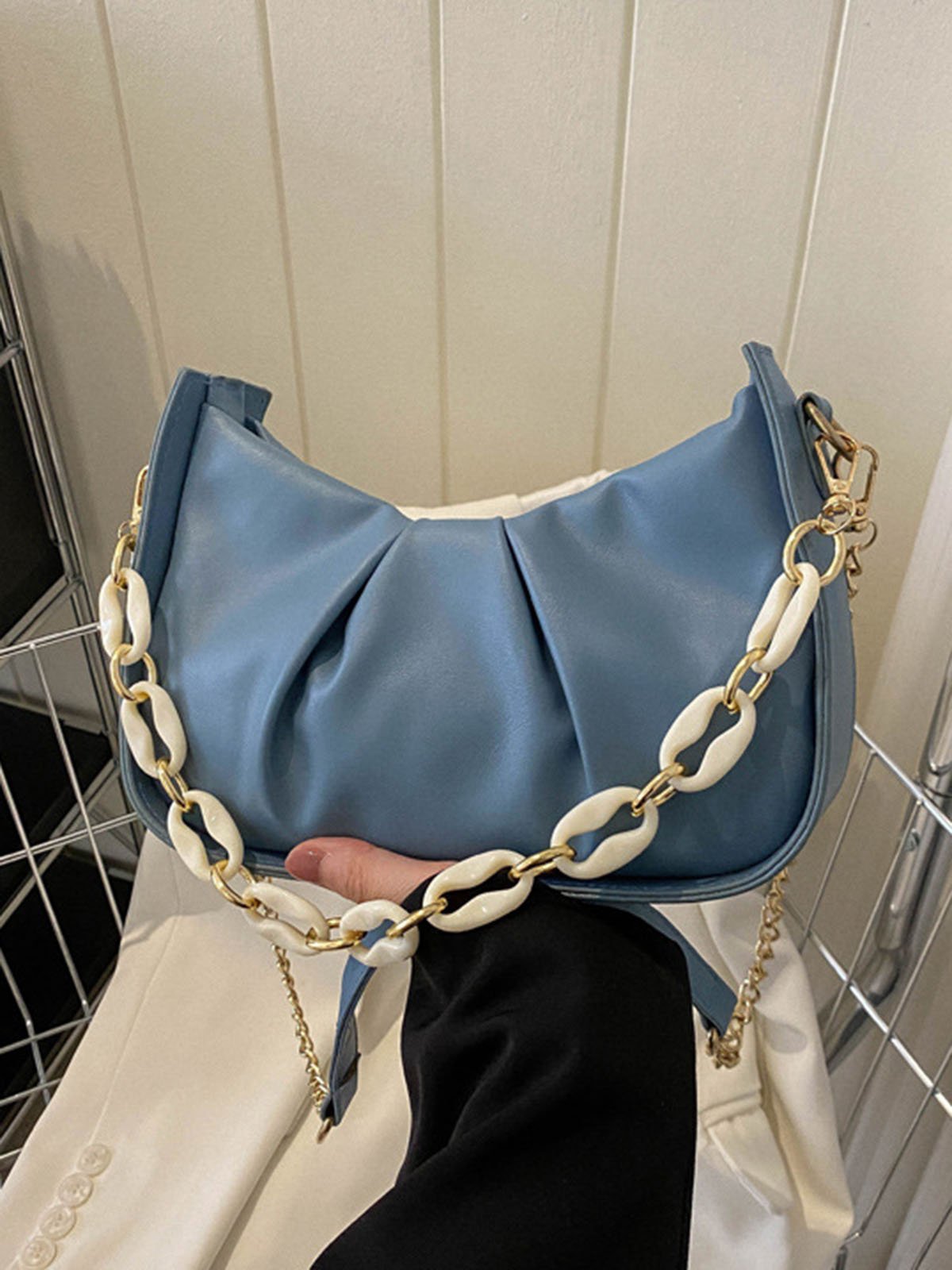 Leather Ruffles Pearl Chain Cloud Bag