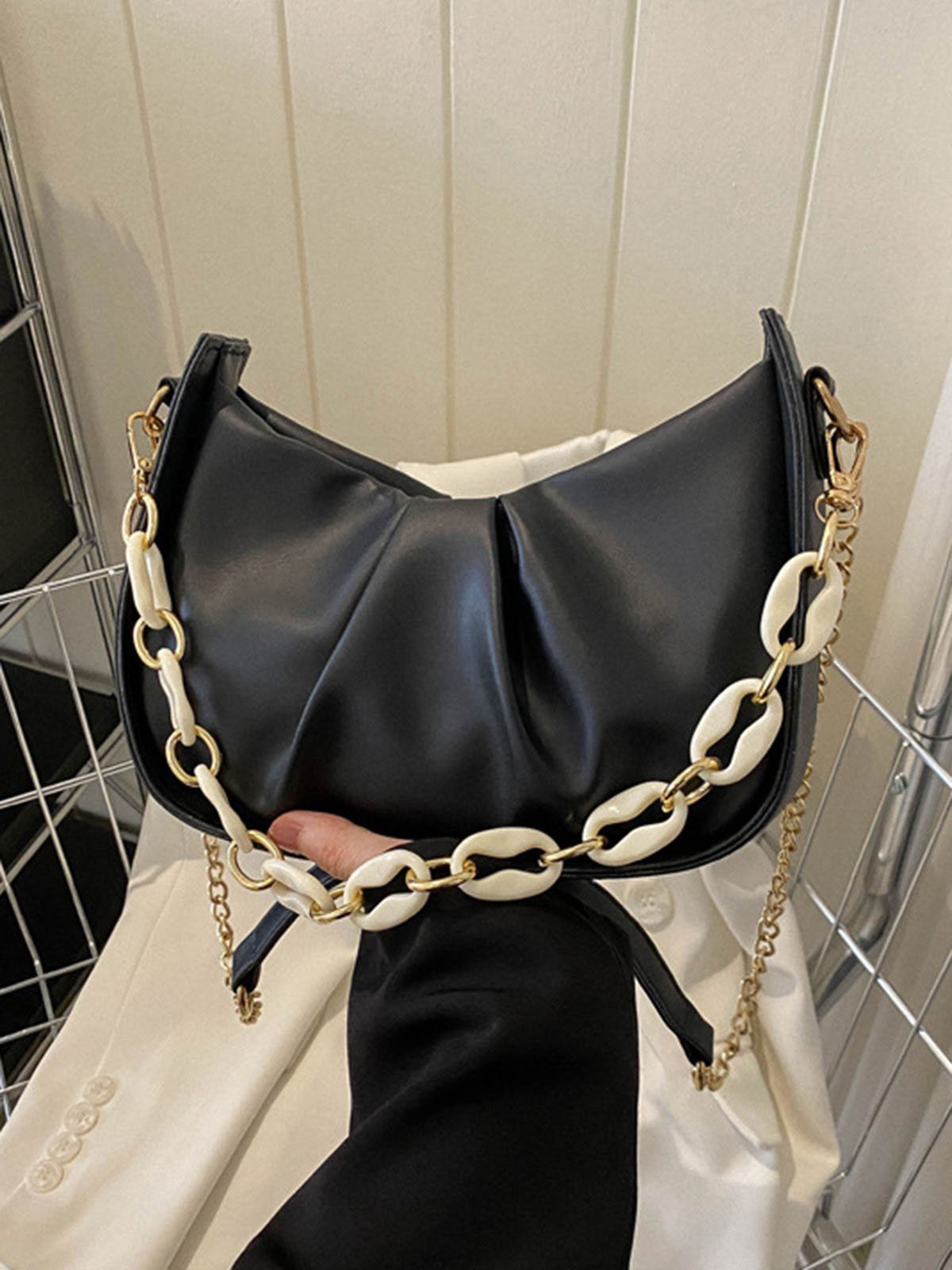 Leather Ruffles Pearl Chain Cloud Bag