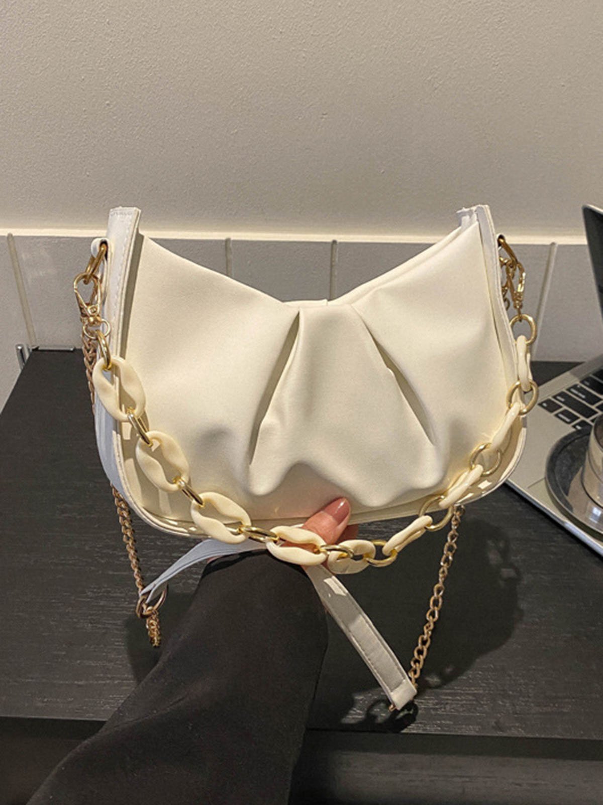 Leather Ruffles Pearl Chain Cloud Bag