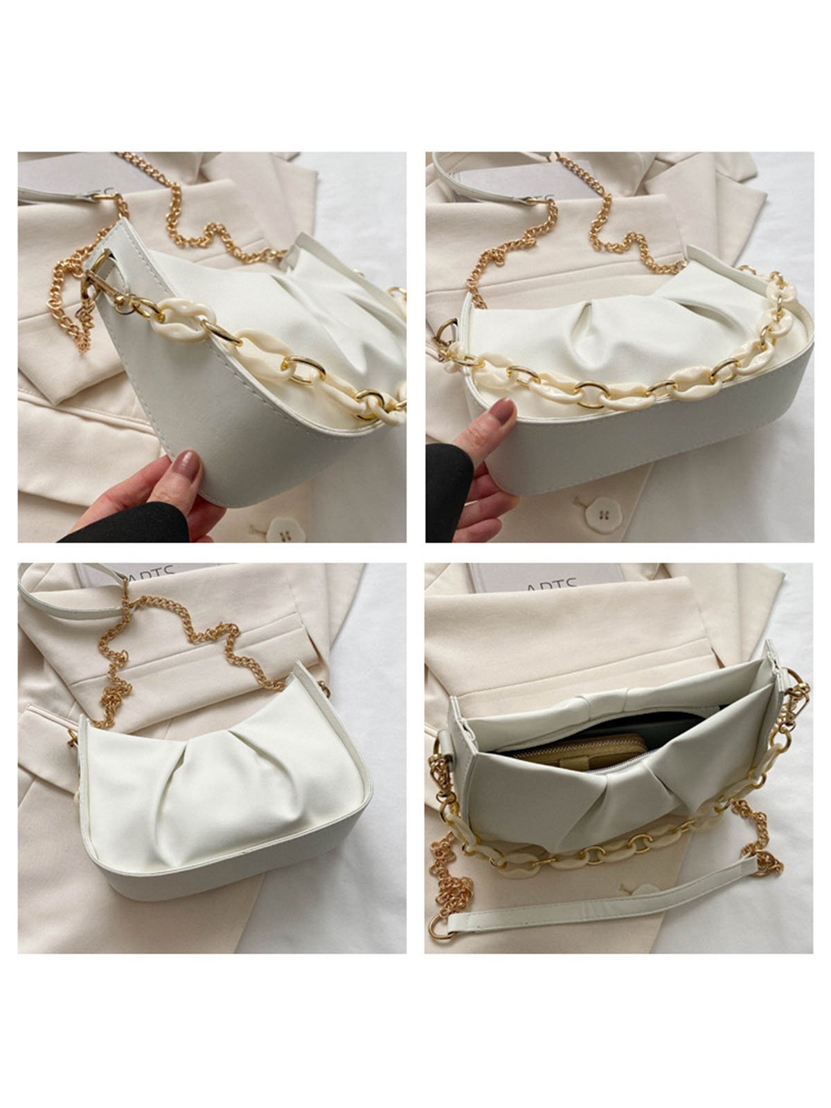 Leather Ruffles Pearl Chain Cloud Bag