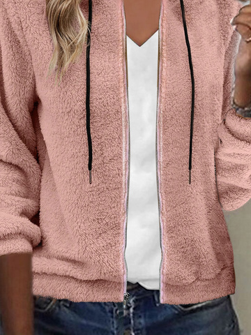 Zipper Plain Hoodie Casual Teddy Jacket