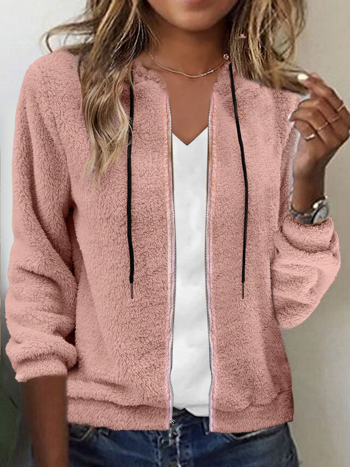 Zipper Plain Hoodie Casual Teddy Jacket