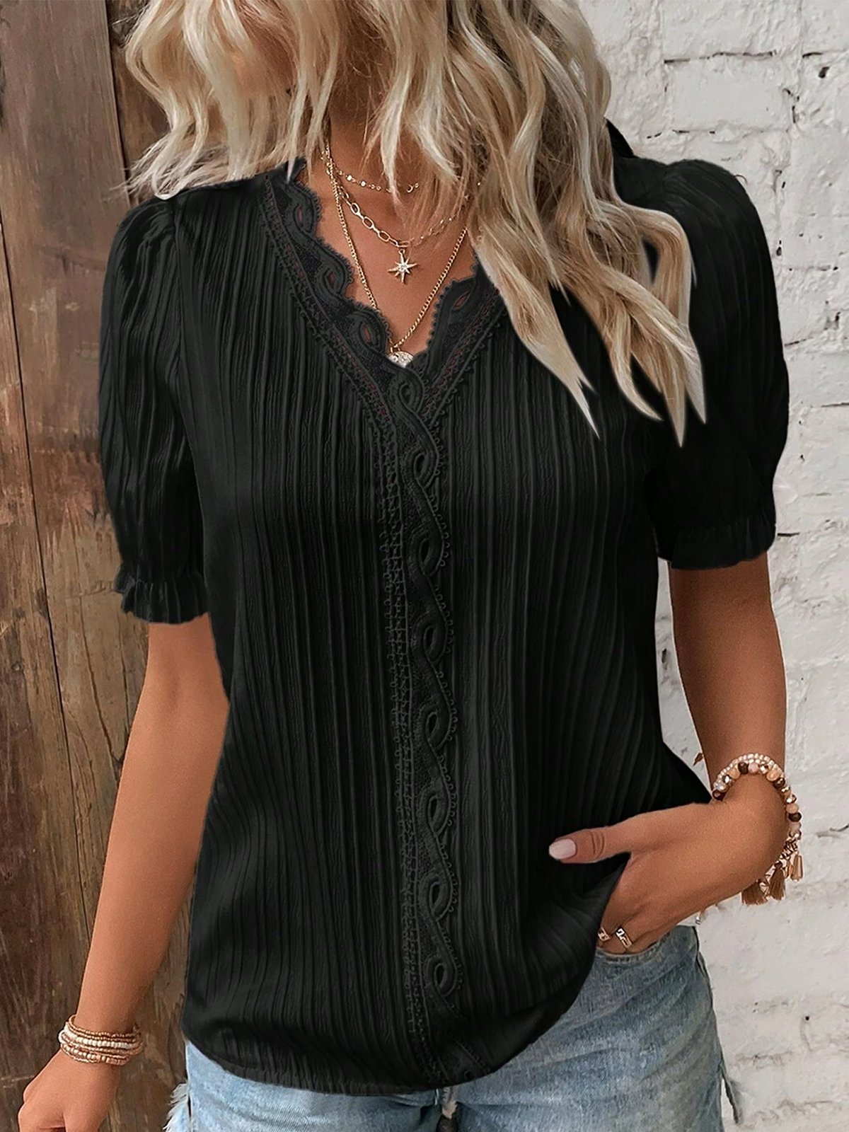 V Neck Plain Lace Elegant Shirt