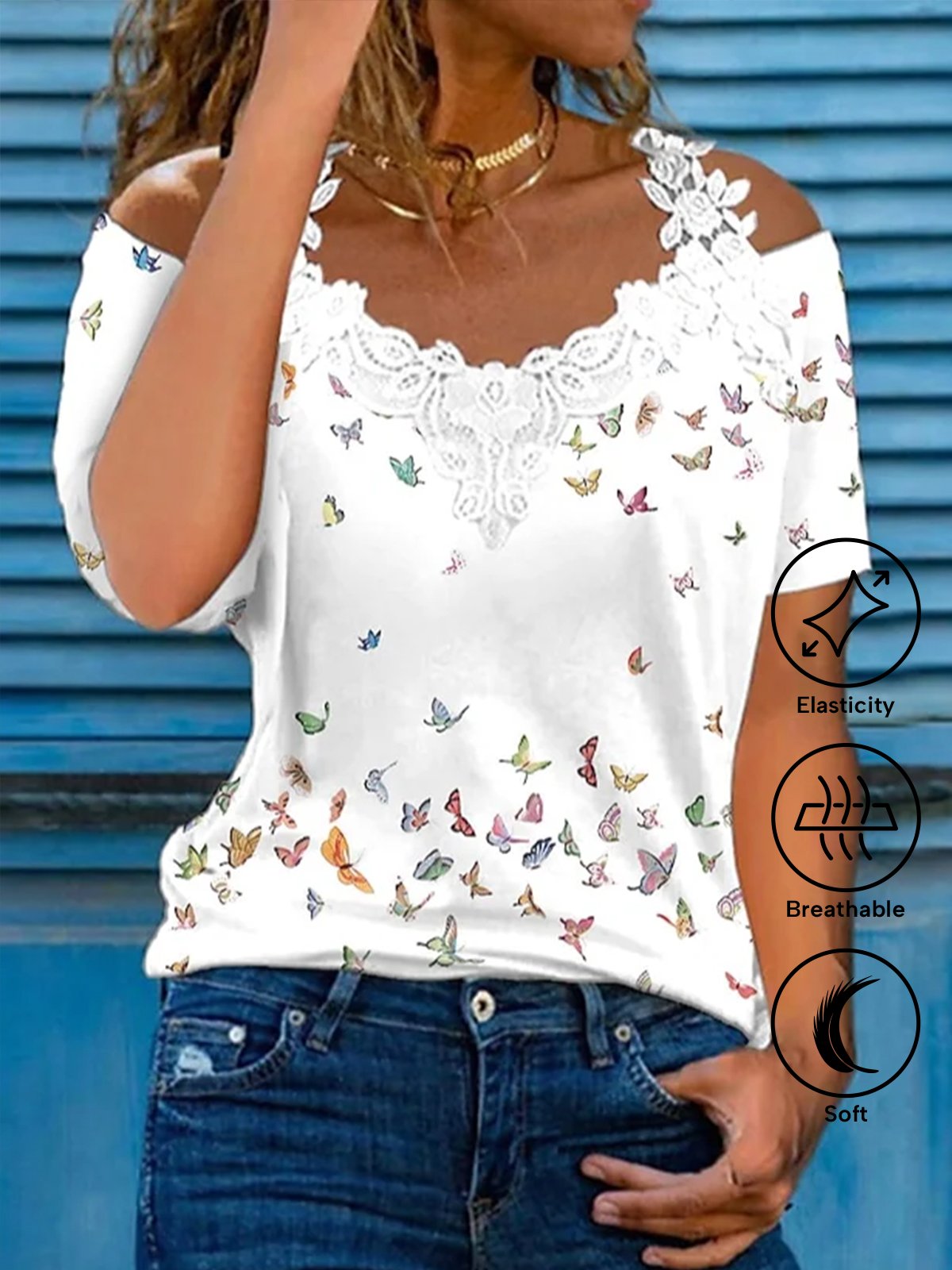 Casual V Neck Butterfly Lace Shirt