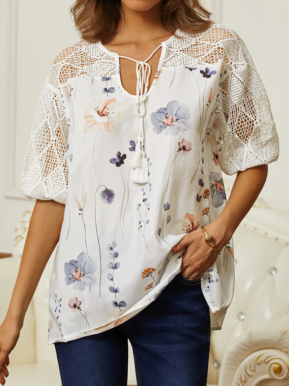 Floral Linen Linen Loose Shirt