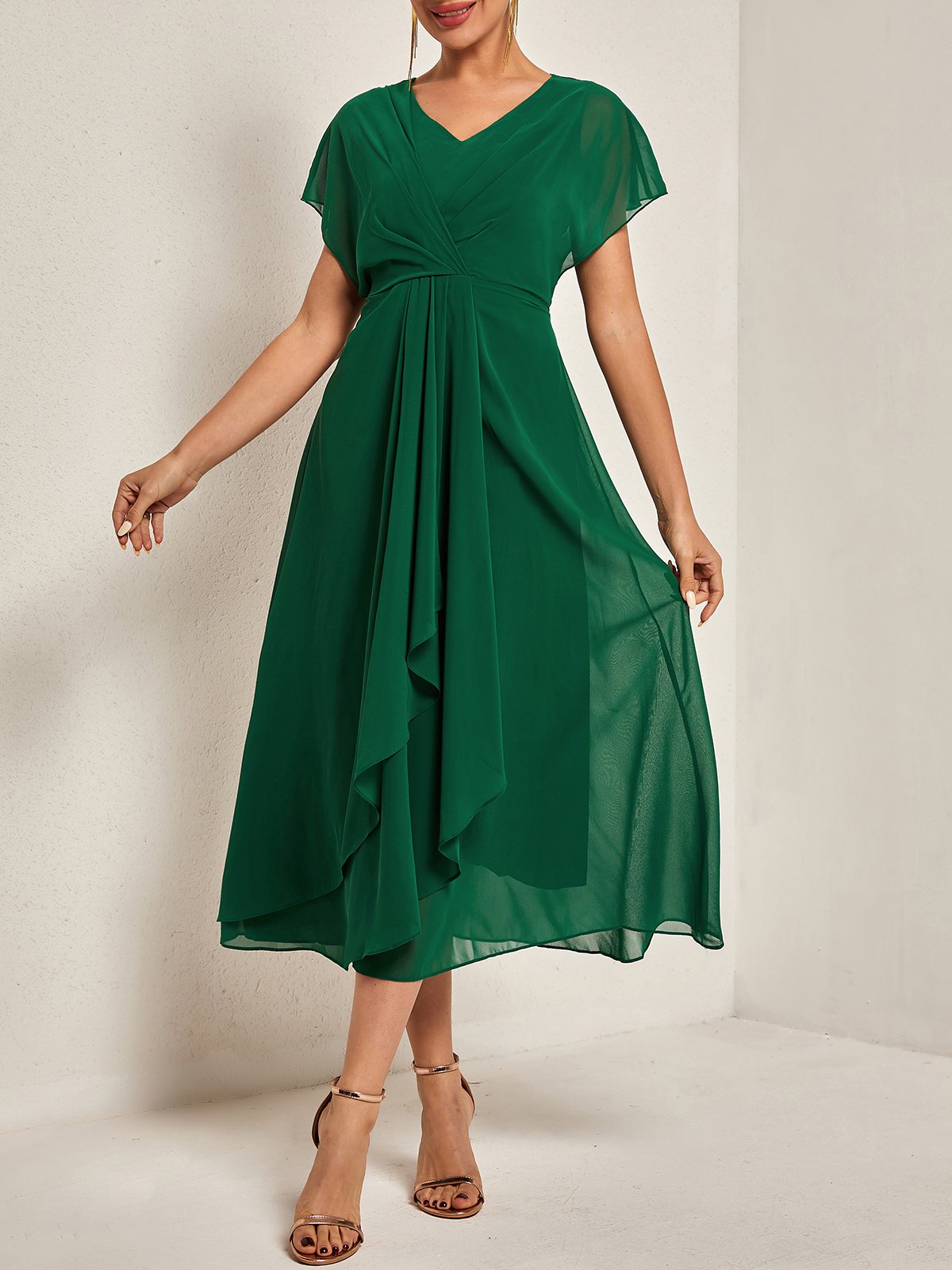 V Neck Elegant Chiffon Plain Dress