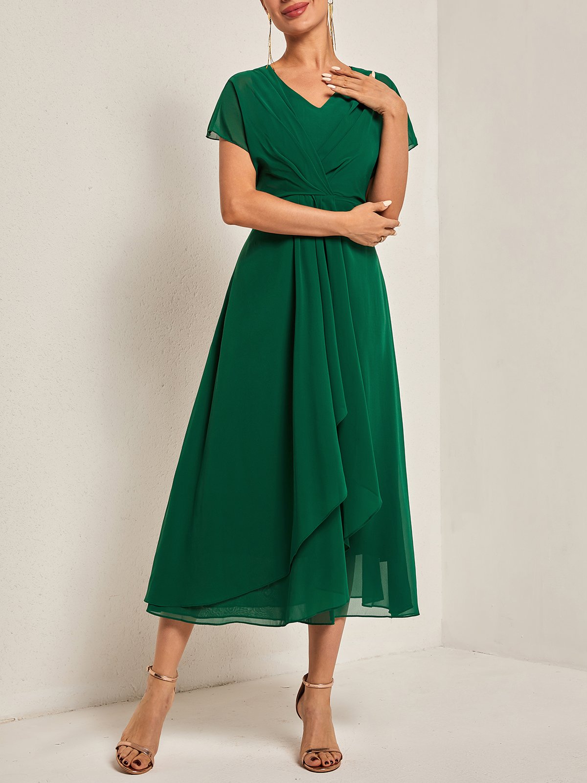 V Neck Elegant Chiffon Plain Dress