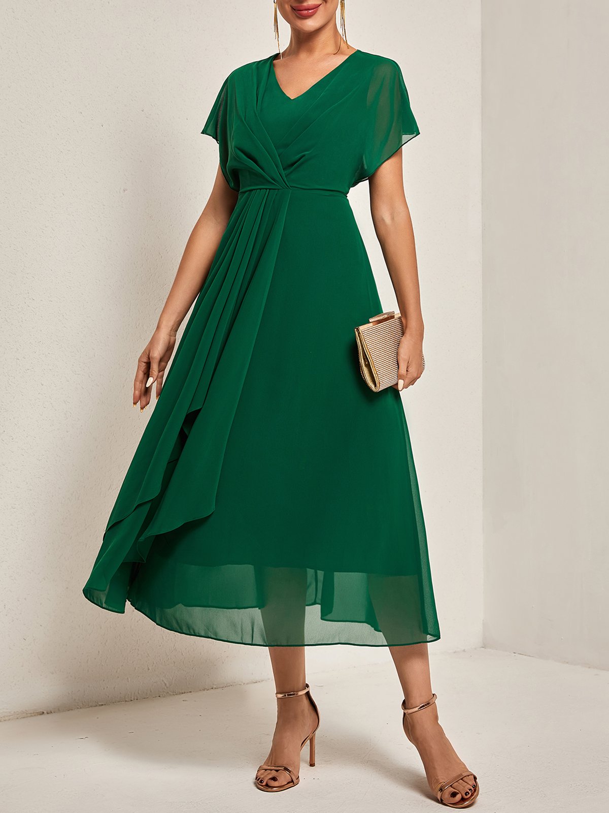 V Neck Elegant Chiffon Plain Dress