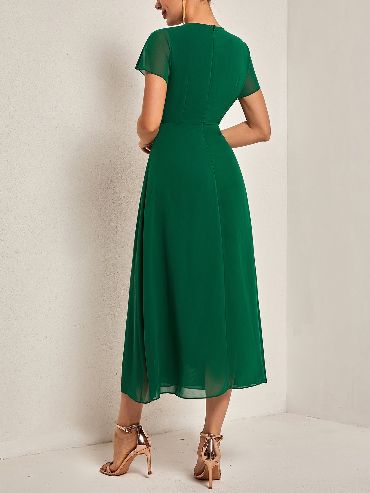 V Neck Elegant Chiffon Plain Dress