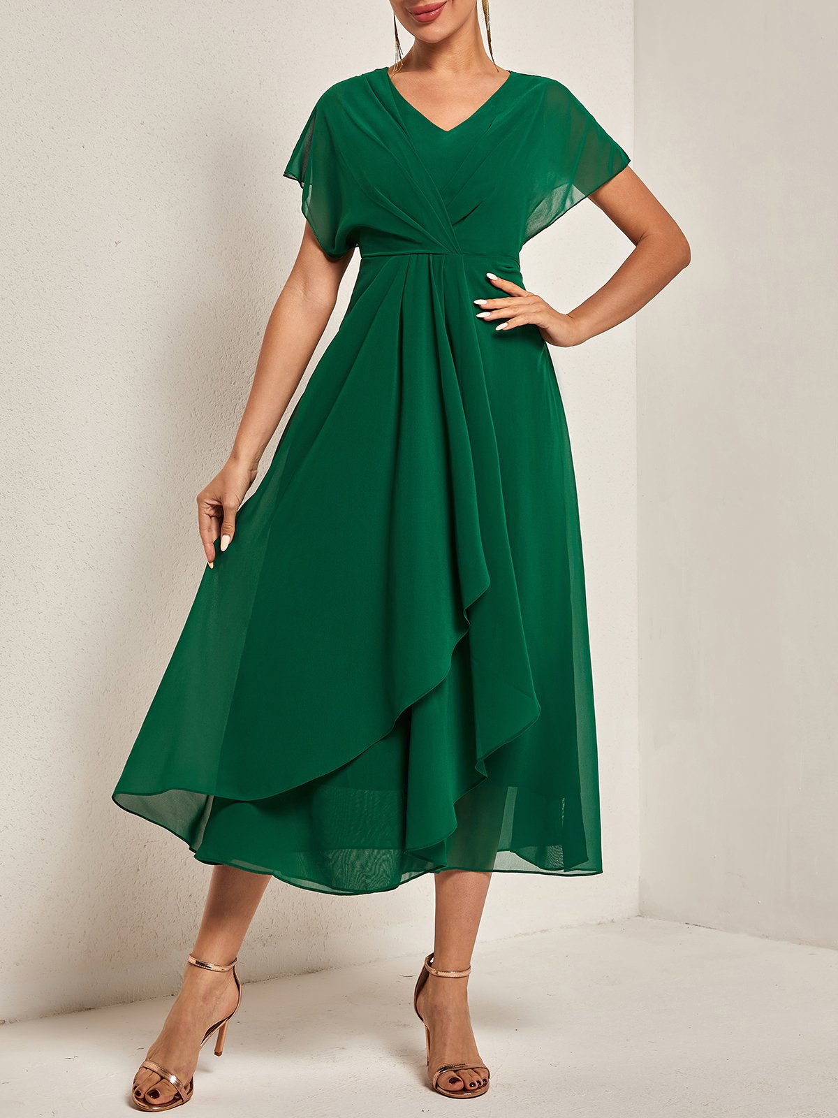 V Neck Elegant Chiffon Plain Dress