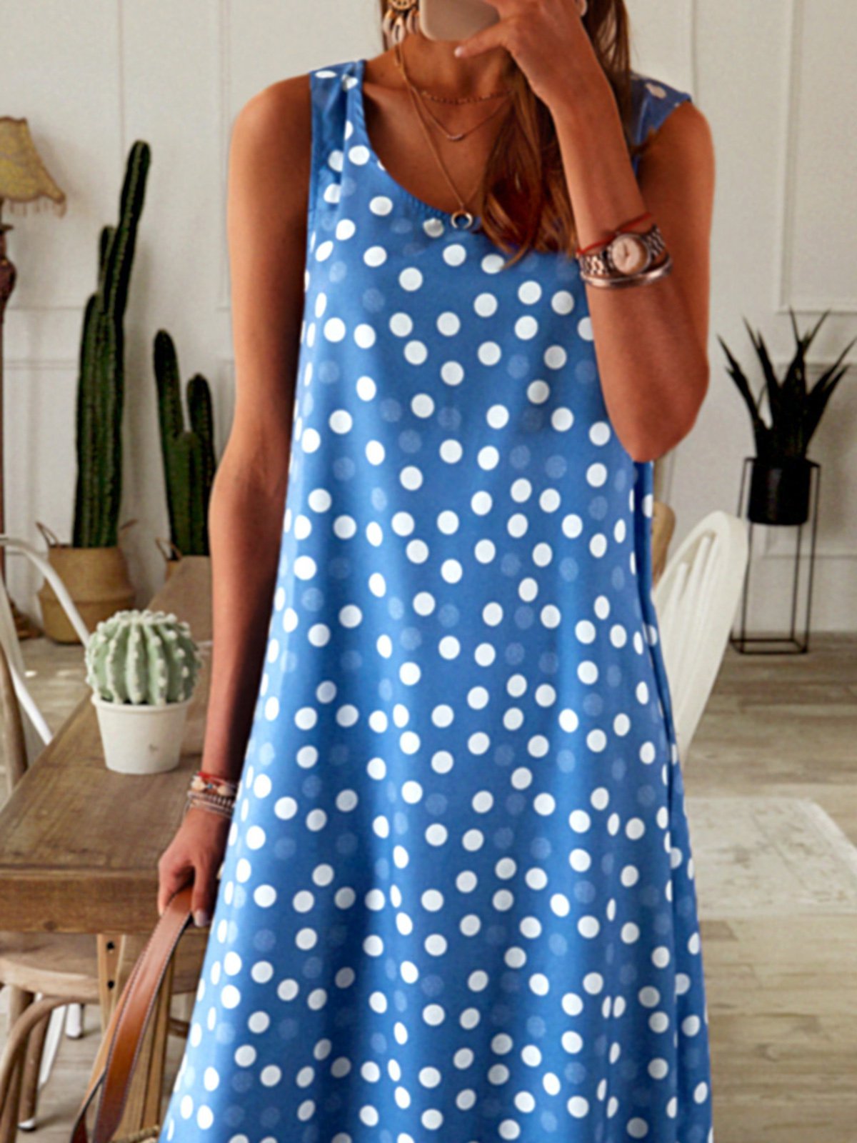 Polyester Fibre Loose Vacation Polka Dots Summer Dress