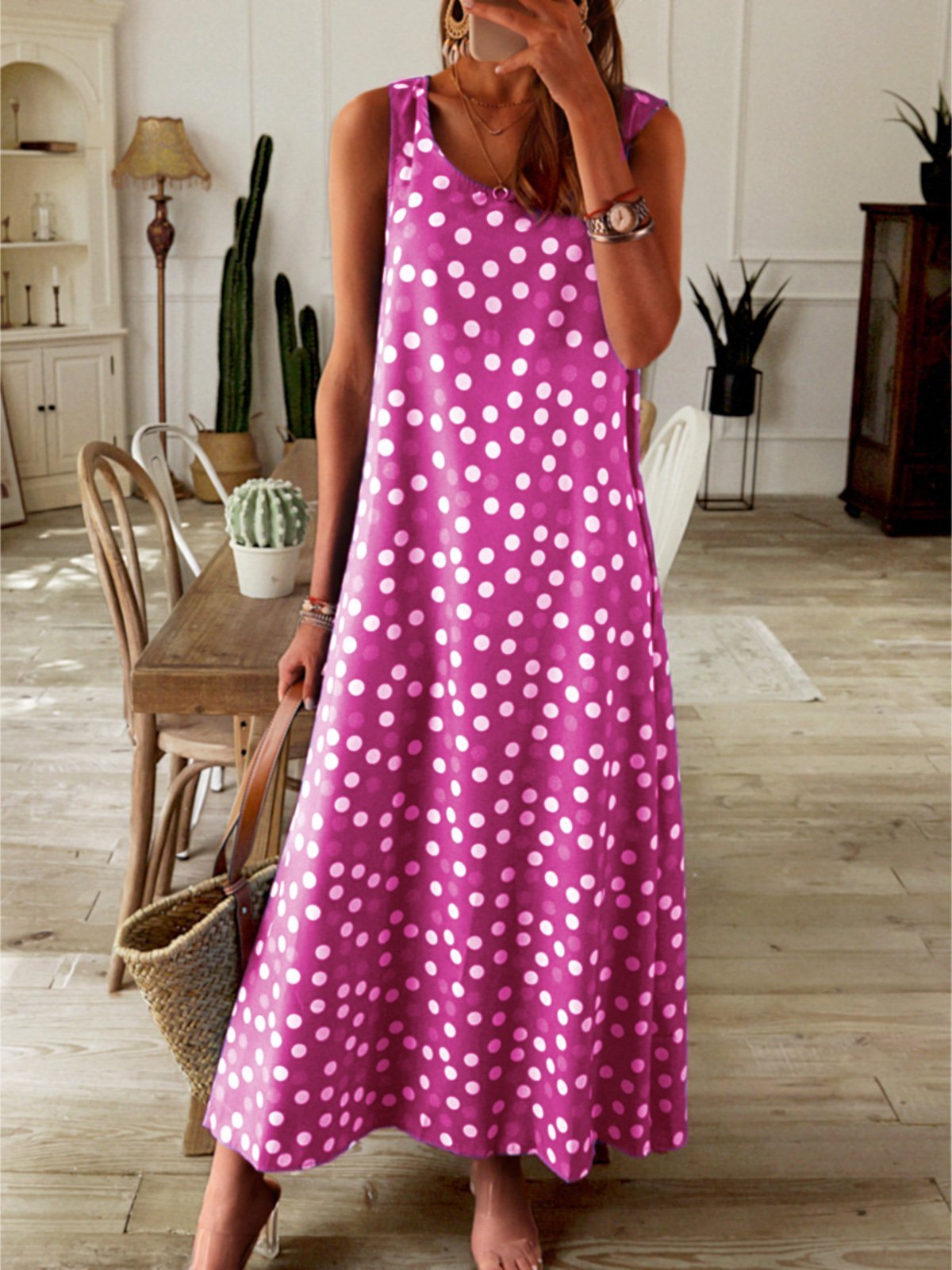 Polyester Fibre Loose Vacation Polka Dots Summer Dress