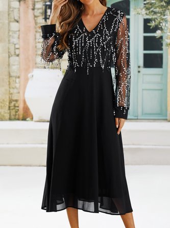 Women's A Line Dress Midi Dress Black Long Sleeve Sequins Chiffon Fall Winter V Neck Fashion Modern Occasion Dress