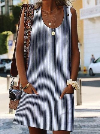 Striped Cotton-Blend Crew Neck Vacation Summer Dress