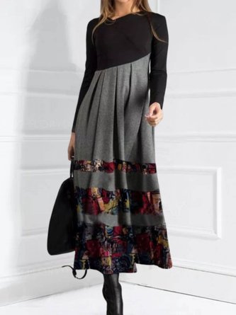 Casual Abstract Cotton-Blend V Neck Fall Dress