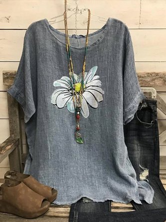 Cotton-Blend Vintage Loose Floral T-Shirts