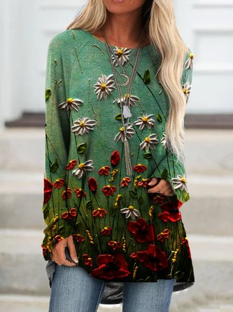 Floral Loose Cotton-Blend Crew Neck Long Sleeve Top