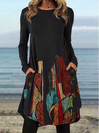 Loose Vintage Cotton Abstract Fall Dress