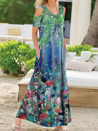 Summer Leisure Vacation Multicolor Plants And Floral Crew Neck Resort Short Sleeve Knitting Dress