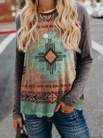 Cotton-Blend Loose Casual Crew Neck Long Sleeve Top