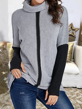 Color Block Loose Casual Cotton-Blend Turtleneck Sweaters
