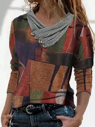Fit Abstract Cotton-Blend Cowl Neck Long Sleeve Tops