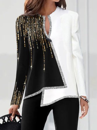 Color Block Satin Party V Neck Long Sleeve Top