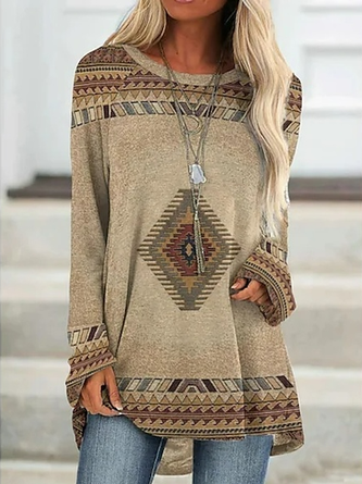 Cotton-Blend Casual Loose Geometric Long Sleeve Top