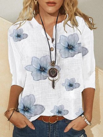 Half Sleeve V Neck Floral Loose Long Sleeve Top