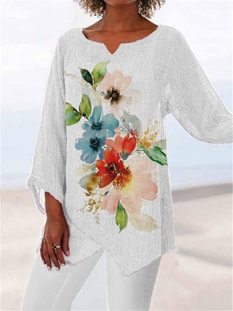 Floral Linen Loose Long Sleeve Top