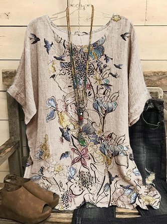 Loose Crew Neck Cotton-Blend Floral Shirt & Blouses