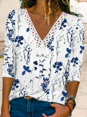 Women Casual Floral Autumn V neck Daily Long sleeve Regular Medium Elasticity Regular Size T-shirt