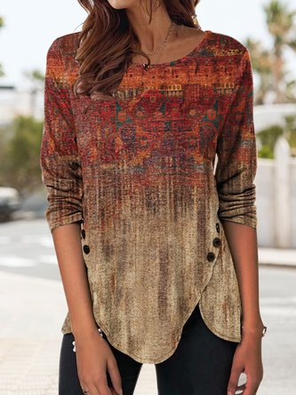 Jersey Loose Ethnic Crew Neck Shirt & Blouses