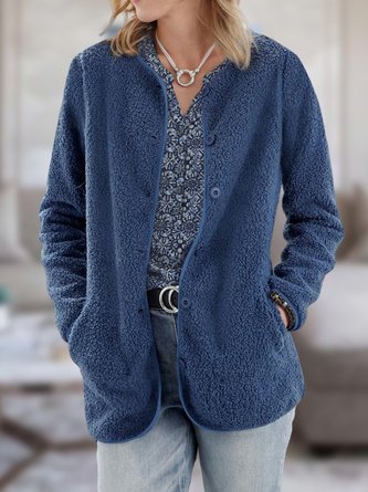 Women Casual Plain Winter Micro-Elasticity Regular Fit Long sleeve Teddy Velvet H-Line Regular Jacket