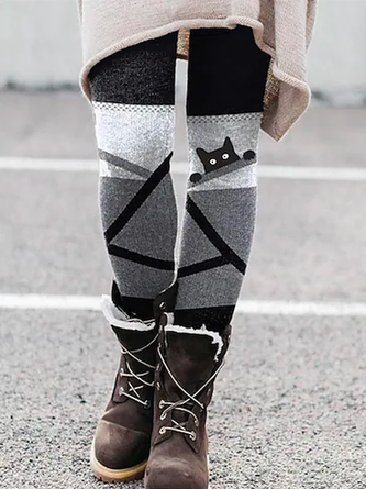 Color Block Loose Casual Cat Halloween Leggings