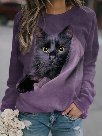 Cat Crew Neck Raglan Sleeve Casual Sweatshirts